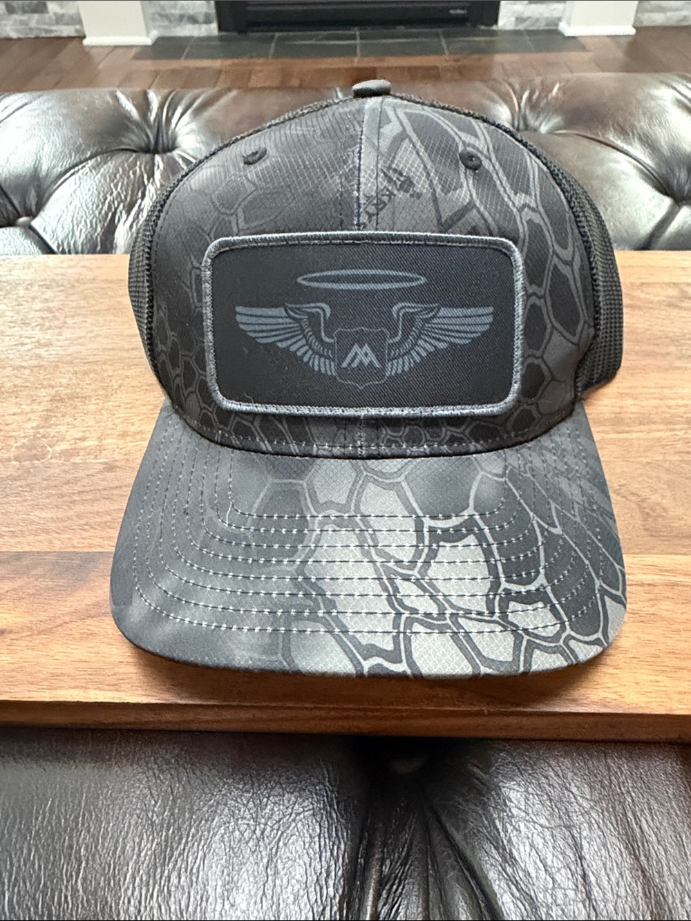 Gray Patterned Trucker Hat with Winged Halo Patch